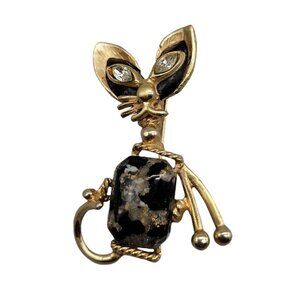 50s Style Cat Brooch Marbled Belly Clear Rhinestone Eyes Kitty Pin